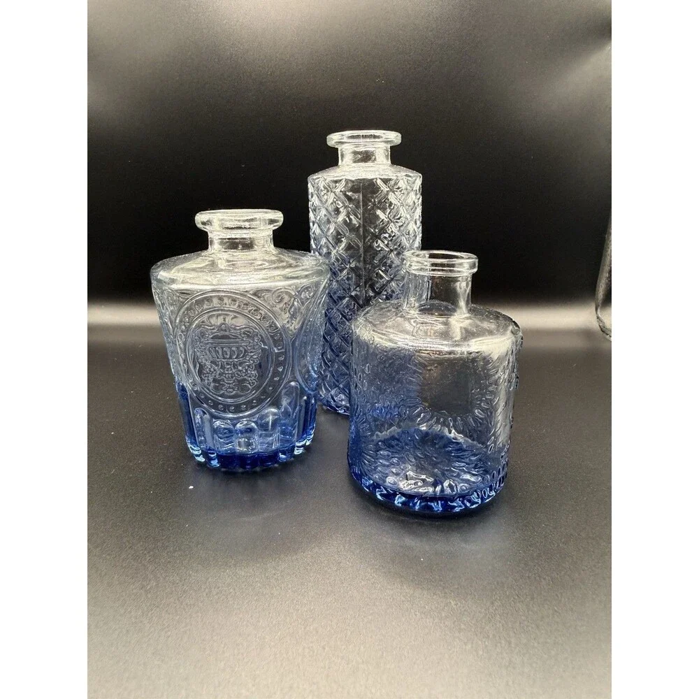 Lot Of 3 Vintage Style Blue Glass Bud Vases Bottles Shabby Chic Cottagecore